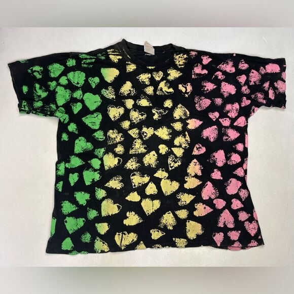 VINTAGE Heart All Over Print Graphic T-shirt Men 3XL Multicolor 90 Single Stitch - Picture 1 of 6